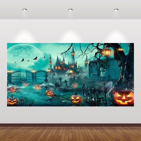 Halloween Backdrop 10x8ft for Photography Scary Cemetery Graveyard Spooky Skeleton Ghost Castle Moon Pumpkin Lantern Background Happy Halloween Party Decorations Banner for Kids Adults Photo Booth in Saudi Arabia