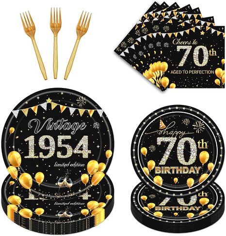 80th Birthday Party Tableware - 96PCS Vintage 80th Birthday Decorations Men Women Black Gold 1944 Birthday Party Plates Forks Napkins Supplies Cheers to 80th Birthday Dinnerware Set in Saudi Arabia