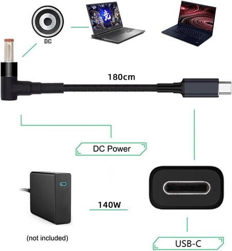 Cablecc USB-C Type C Input to DC 20V 5.5 * 2.1mm Output Power 100W 135W 140W 65W PD Charge Cable for Laptop in Saudi Arabia