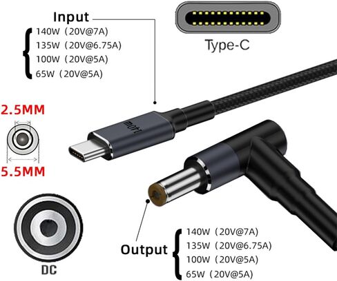 Cablecc USB-C Type C Input to DC 20V 5.5 * 2.1mm Output Power 100W 135W 140W 65W PD Charge Cable for Laptop in Saudi Arabia