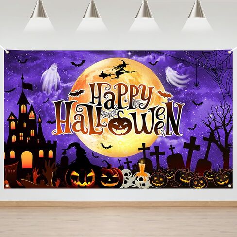 Mocsicka Happy Halloween خلفية عيد الهالوين راية اليقطين القمر الساحرة شبح قلعة مخيفة زخارف حفلة عيد ميلاد الهالوين (أرجواني) in Saudi Arabia