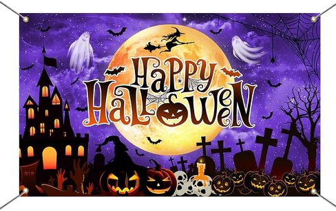 Mocsicka Happy Halloween خلفية عيد الهالوين راية اليقطين القمر الساحرة شبح قلعة مخيفة زخارف حفلة عيد ميلاد الهالوين (أرجواني) in Saudi Arabia