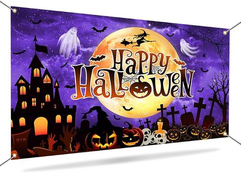Mocsicka Happy Halloween خلفية عيد الهالوين راية اليقطين القمر الساحرة شبح قلعة مخيفة زخارف حفلة عيد ميلاد الهالوين (أرجواني) in Saudi Arabia