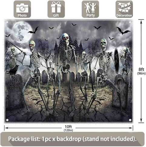 7x5ft Halloween Zombie Backdrop Full Moon Night Graveyard Bat Skeleton Photography Background Kids Scary Party Decorations Banner Photo Booth Props in Kuwait
