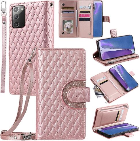 Phone Case for Samsung Galaxy Note 20 5G Wallet Cover with and Crossbody Wrist Strap Shoulder Strap 9+ Card Slots Zipper Purse Leather Stand Note20 Notes 20s Twenty Not S20 Women Men Pink in Saudi Arabia