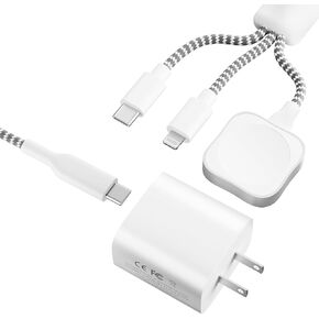 Upgraded Multi Charger Cable, for Apple Watch, 3 in 1 USB C Wireless Magnetic iWatch Charger & USB-C to Nylon Braided Cable with Type C Block, Fast Charging for iWatch Series (Black-White)