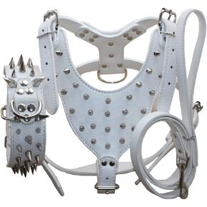 Leather Sharp Spiked Studded Dog Collars, Harnesses & Leashes 3Pcs Matching Set for Medium & Large Dog Pit Bull,Mastiff, Boxer, Bull Terrier Pink Leopard
