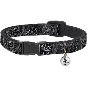 Cat Collar Breakaway Supernatural Devils Trap Pentagrams Grays Black White 8 to 12 Inches 0.5 Inch Wide