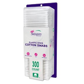 Swisspers Cotton Swabs, 100% Cotton Double-Tipped, White Plastic Sticks, 300 Count Package