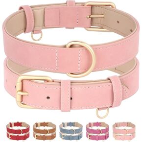 Beirui Soft Padded Leather Dog Collar for Dogs, Comfortable Heavy Duty Small Medium Large Dog Leather Collar with Premium Alloy Hardware for Daily Walking, Pink, Neck fit 13-17"