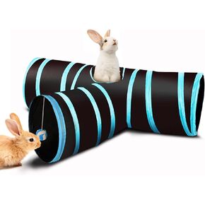 SunGrow 3-Way Ferret & Rabbit Tunnel, Bunny Hideout Activity Tube with Peep Hole and Crinkle Ball, Accessories for Hiding, Resting for Dwarf Rabbits Bunny Kitty Guinea Pig, Turquoise and Black