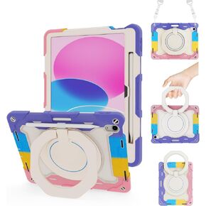 for iPad 10th Generation Case 2022 10.9 inch with Pencil Holder/ 360° Rotating Kickstand/Grip Handle/Shoulder Strap for Kids Girls Heavy Duty Rugged Protective Cover for iPad 2022 10.9'', Pink