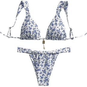 ملابس سباحة نسائية من SHENHE مكونة من قطعتين مثلثة ورقبة على شكل حرف V مكشكشة طقم بيكيني برازيلي ملابس سباحة بوهو in Kuwait