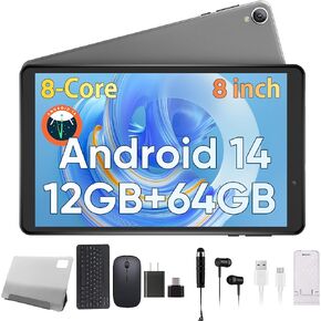 N-one Android 14 Tablet, 8 inch HD Screen 8 Core Processor 12GB 64GB & 1TB Expand, WiFi6 BT 5MP Dual Camera for Kid Study Work 2024 Newest Android Tablets