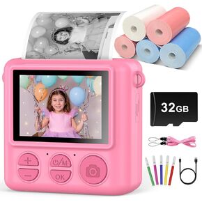 Instant Print Camera for Kids Age 3-12 Girls Boys 1080P HD Digital Video Cameras with 5 Print Paper & 32G Card Toddler Portable Travel Toys Camera for Christmas Birthday Gifts