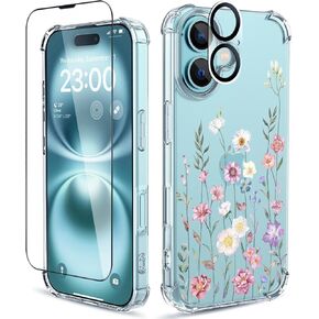 for iPhone 16 Plus Case,[3 in 1] with Screen Protector & Camera Lens Protector, Flower Pattern Design,Clear Soft Shockproof Slim Floral Phone Cover for Women Girls 2024 6.7"