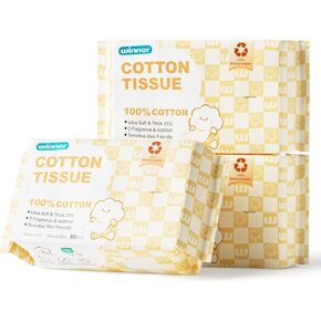 Winner Baby Cotton Tissue, Soft Baby Dry Wipe, Wet and Dry Use, Made of Pure Cotton, 600 Count Unscented Disposable Facial Cotton Tissues for Baby Sensitive Skin