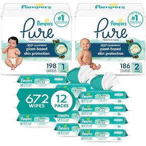 Pampers Pure Protection Disposable Baby Diapers Starter Kit (2 Month Supply), Sizes 1 (198 Count) & 2 (186 Count) with Aqua Pure Sensitive Baby Wipes, 12X Pop-Top Packs (672 Count)