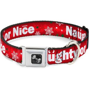 Buckle-Down Seatbelt Buckle Dog Collar - Christmas NAUGHTY OR NICE/Snowflakes Reds/White/Green - 1" Wide - Fits 15-26" Neck - Large