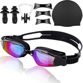 DEWEL Wide View Swim Goggles with Nose Piece (One Size Fits Most), Anti Fog Swimming Goggle No Leaking, Sunscreen Goggles Suitable for Men, Women and Youth by Beach, Outdoor (Purple Lenses)