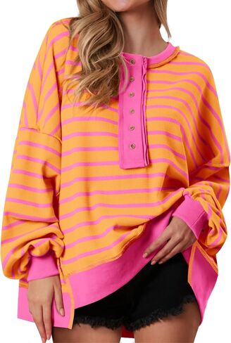 PRETTYGARDEN Womens Fall 2024 Striped Oversized Sweatshirt Long Sleeve Button Up Henley Neck Waffle Knit Pullover Tunic Tops in Saudi Arabia