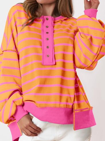 PRETTYGARDEN Womens Fall 2024 Striped Oversized Sweatshirt Long Sleeve Button Up Henley Neck Waffle Knit Pullover Tunic Tops in Saudi Arabia