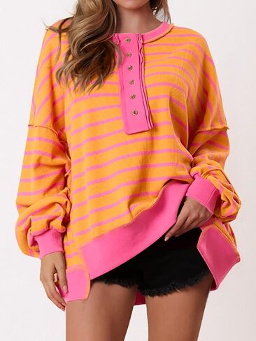 PRETTYGARDEN Womens Fall 2024 Striped Oversized Sweatshirt Long Sleeve Button Up Henley Neck Waffle Knit Pullover Tunic Tops in Saudi Arabia