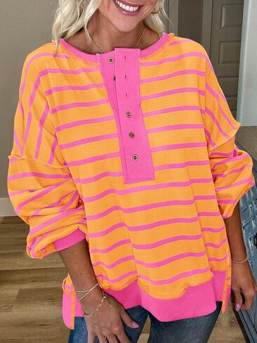 PRETTYGARDEN Womens Fall 2024 Striped Oversized Sweatshirt Long Sleeve Button Up Henley Neck Waffle Knit Pullover Tunic Tops in Saudi Arabia