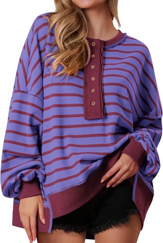 PRETTYGARDEN Womens Fall 2024 Striped Oversized Sweatshirt Long Sleeve Button Up Henley Neck Waffle Knit Pullover Tunic Tops in Saudi Arabia