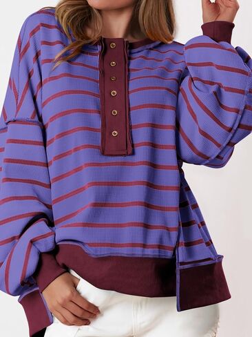 PRETTYGARDEN Womens Fall 2024 Striped Oversized Sweatshirt Long Sleeve Button Up Henley Neck Waffle Knit Pullover Tunic Tops in Saudi Arabia