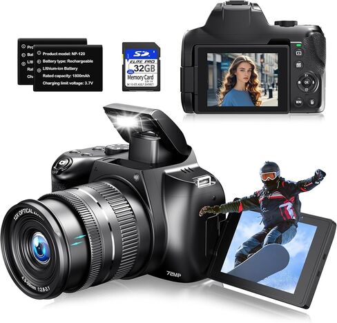 كاميرات للتصوير الفوتوغرافي، كاميرا رقمية بتكبير بصري 12X بدقة 4K مع WiFi والتحكم في التطبيقات، وكاميرا تسجيل فيديو بدقة 72 ميجابكسل مع شاشة قابلة للطي بزاوية 180 درجة، وتركيز تلقائي، وبطاريات مزدوجة، وزاوية واسعة 59 مم وعدسة ماكرو، وبطاقة SD سعة 32 جيجاب in Saudi Arabia