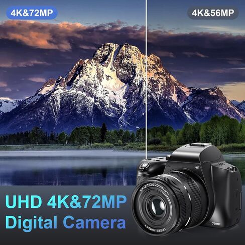 كاميرات للتصوير الفوتوغرافي، كاميرا رقمية بتكبير بصري 12X بدقة 4K مع WiFi والتحكم في التطبيقات، وكاميرا تسجيل فيديو بدقة 72 ميجابكسل مع شاشة قابلة للطي بزاوية 180 درجة، وتركيز تلقائي، وبطاريات مزدوجة، وزاوية واسعة 59 مم وعدسة ماكرو، وبطاقة SD سعة 32 جيجاب in Saudi Arabia