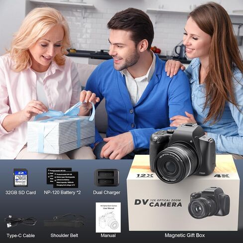 كاميرات للتصوير الفوتوغرافي، كاميرا رقمية بتكبير بصري 12X بدقة 4K مع WiFi والتحكم في التطبيقات، وكاميرا تسجيل فيديو بدقة 72 ميجابكسل مع شاشة قابلة للطي بزاوية 180 درجة، وتركيز تلقائي، وبطاريات مزدوجة، وزاوية واسعة 59 مم وعدسة ماكرو، وبطاقة SD سعة 32 جيجاب in Saudi Arabia