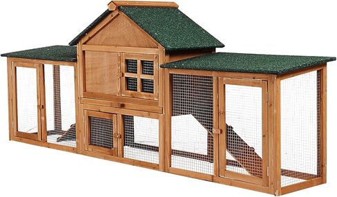 80in Wooden Rabbit Hutch, Outdoor Chicken Coop, Bunny Hutch Guinea Pig Pet House Bunny Cage with Double Side Runs, Weatherproof Roof, Removable Tray, Ramps for Small Animals in Saudi Arabia