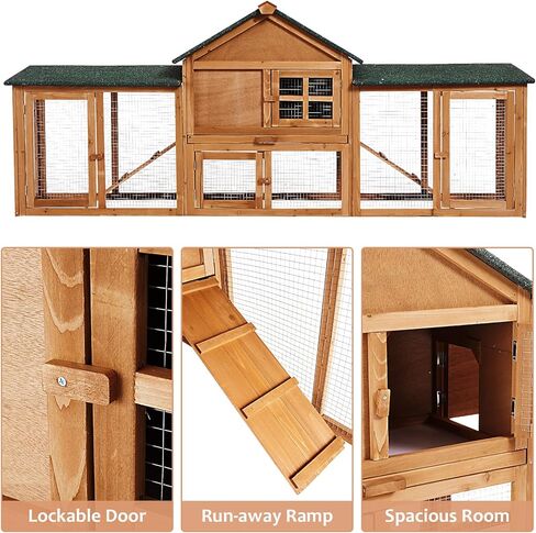 80in Wooden Rabbit Hutch, Outdoor Chicken Coop, Bunny Hutch Guinea Pig Pet House Bunny Cage with Double Side Runs, Weatherproof Roof, Removable Tray, Ramps for Small Animals in Saudi Arabia