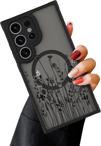 OOK Magnetic for Samsung Galaxy S24 Ultra Case [12FT Military Grade Drop Tested] [Compatible with MagSafe] Protective Full Body Protection Phone Case for S24 Ultra Case, Black Wild Flower in Kuwait