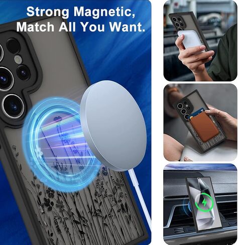 OOK Magnetic for Samsung Galaxy S24 Ultra Case [12FT Military Grade Drop Tested] [Compatible with MagSafe] Protective Full Body Protection Phone Case for S24 Ultra Case, Black Wild Flower in Kuwait