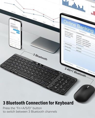 Foldable Keyboard and Mouse Combo, Travel Bluetooth Folding Keyboard Mouse, Hinge Locking Battery Level Display, Wireless Portable Keyboard with Aluminum Alloy Base for Laptop iPad Tablets Mac in Kuwait