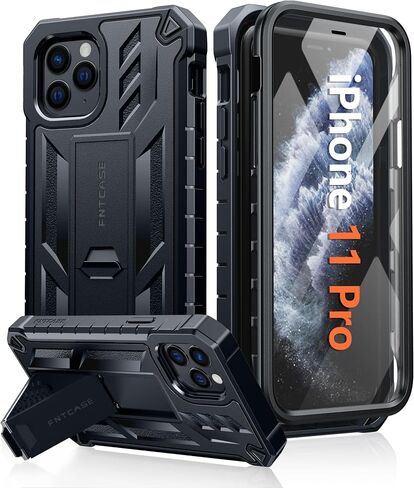 FNTCASE for iPhone 11 Pro Case: Military Grade Shockproof Dual Protective Cell Phone Cover with Kickstand - Rugged Full Protection Matte Textured Dropproof Heavy Duty Hard Cases - 5.8 Inch Black in Saudi Arabia