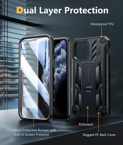 FNTCASE for iPhone 11 Pro Case: Military Grade Shockproof Dual Protective Cell Phone Cover with Kickstand - Rugged Full Protection Matte Textured Dropproof Heavy Duty Hard Cases - 5.8 Inch Black in Saudi Arabia