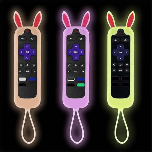 غطاء 3 قطع لجهاز التحكم عن بعد Roku Express مع تصميم آذان أرنب يتوهج في الظلام، غطاء جهاز التحكم عن بعد Onn متوافق مع عصا التبخير Hisense TCL Roku TV in Saudi Arabia