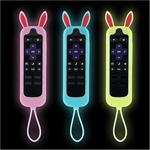 غطاء 3 قطع لجهاز التحكم عن بعد Roku Express مع تصميم آذان أرنب يتوهج في الظلام، غطاء جهاز التحكم عن بعد Onn متوافق مع عصا التبخير Hisense TCL Roku TV in Saudi Arabia