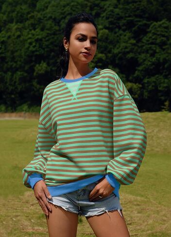 قمصان SENSERISE النسائية ذات الحجم الكبير والمخططة ذات الرقبة الدائرية وأكمام طويلة وقمصان ذات ألوان متعددة وقمصان علوية غير رسمية in Kuwait