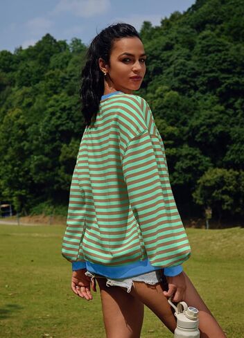 قمصان SENSERISE النسائية ذات الحجم الكبير والمخططة ذات الرقبة الدائرية وأكمام طويلة وقمصان ذات ألوان متعددة وقمصان علوية غير رسمية in Kuwait