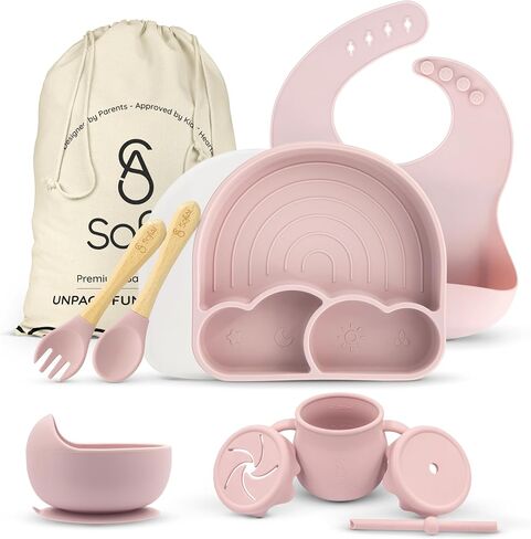BPA-Free Non-Toxic Silicone Baby Feeding Set – Suction Plate, Bowl, Bib & Cup – 11-Piece Baby Led Weaning Set for Ages 6-18 Months – Eco Gift Bag (Rose Pink) in Saudi Arabia