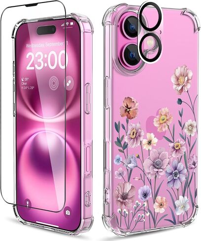 for iPhone 16 Plus Case,[3 in 1] with Screen Protector & Camera Lens Protector, Flower Pattern Design,Clear Soft Shockproof Slim Floral Phone Cover for Women Girls 2024 6.7" in Saudi Arabia