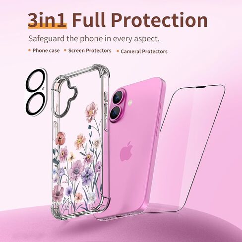 for iPhone 16 Plus Case,[3 in 1] with Screen Protector & Camera Lens Protector, Flower Pattern Design,Clear Soft Shockproof Slim Floral Phone Cover for Women Girls 2024 6.7" in Saudi Arabia
