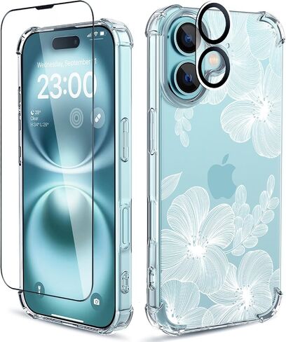 for iPhone 16 Plus Case,[3 in 1] with Screen Protector & Camera Lens Protector, Flower Pattern Design,Clear Soft Shockproof Slim Floral Phone Cover for Women Girls 2024 6.7" in Saudi Arabia