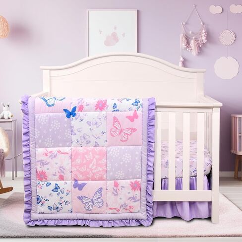 Cloele 3 Pieces Crib Bedding Set for Girls,Purple Butterfly Baby Crib Set | Floral Butterfly Baby Bedding Set,Includes Comforter Fitted Sheet Crib Skirt, Standard Size Nursery in Saudi Arabia