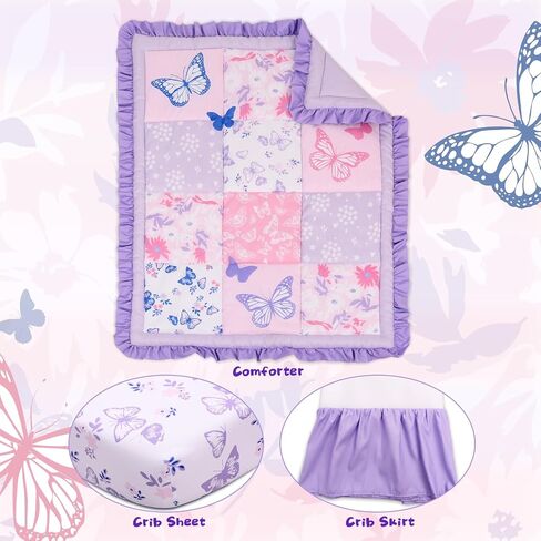 Cloele 3 Pieces Crib Bedding Set for Girls,Purple Butterfly Baby Crib Set | Floral Butterfly Baby Bedding Set,Includes Comforter Fitted Sheet Crib Skirt, Standard Size Nursery in Saudi Arabia